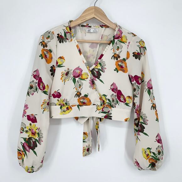 ZARA Floral Balloon Sleeve Blouse Faux Wrap Ruffle Trim Cropped Top - Picture 4 of 12